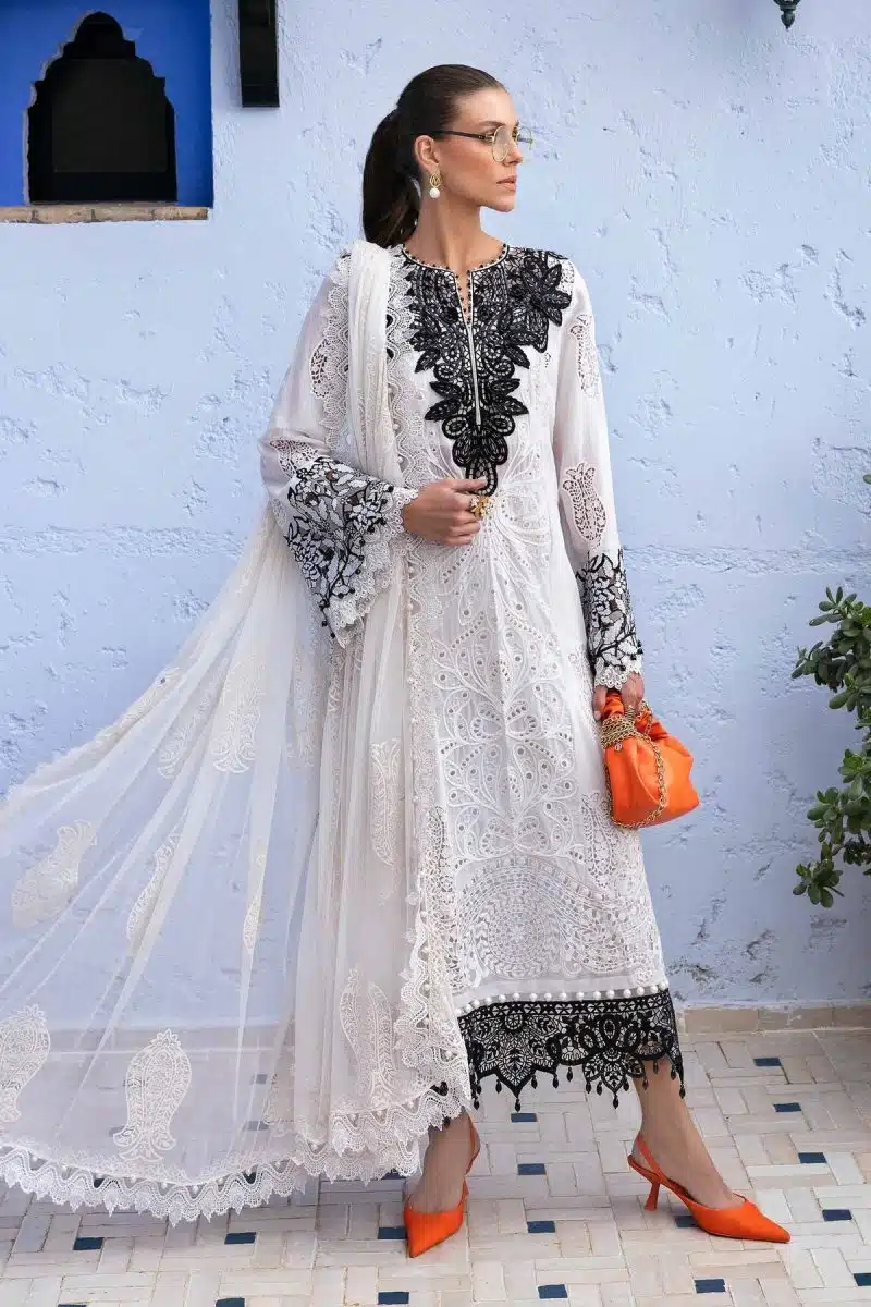 Maria.b | Luxury Lawn | Navy Blue | Unstitched | Embroidered Net Suit | 3 Piece