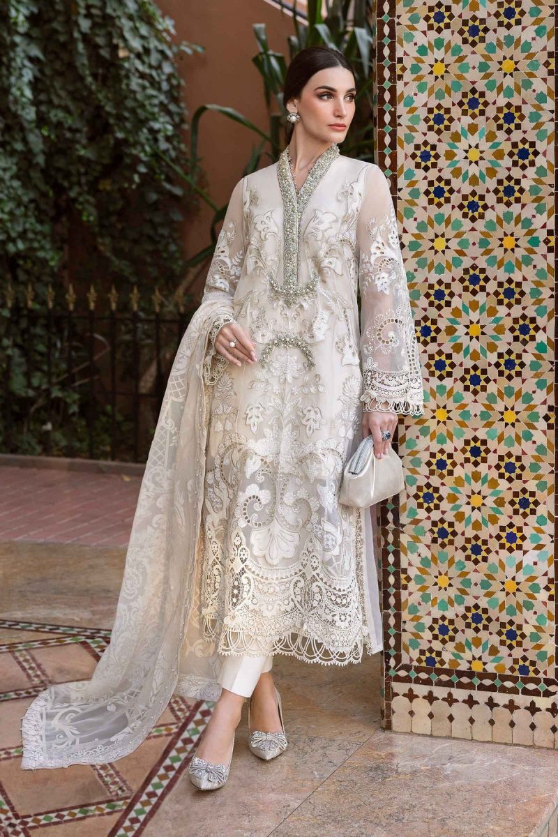 Maria.b | Luxury Lawn | Pearl White | Unstitched | Embroidered Net Suit | 3 Piece - Image 2