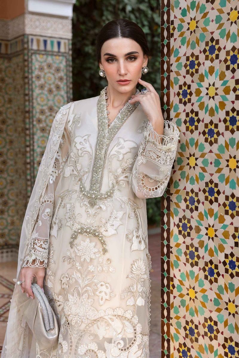 Maria.b | Luxury Lawn | Pearl White | Unstitched | Embroidered Net Suit | 3 Piece - Image 3
