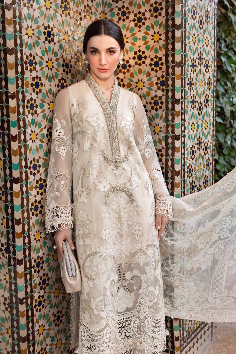 Maria.b | Luxury Lawn | Pearl White | Unstitched | Embroidered Net Suit | 3 Piece - Image 4