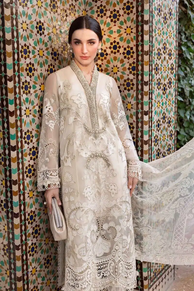 Maria.b | Luxury Lawn | Pearl White | Unstitched | Embroidered Net Suit | 3 Piece - Image 4