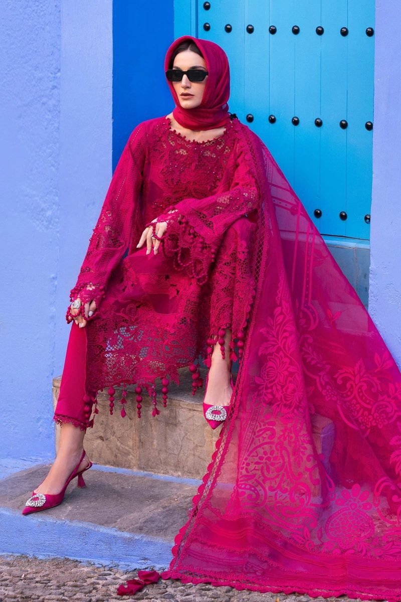 Maria.b | Luxury Lawn | Fuchsia Pink | Unstitched | Embroidered Net Suit | 3 Piece - Image 2