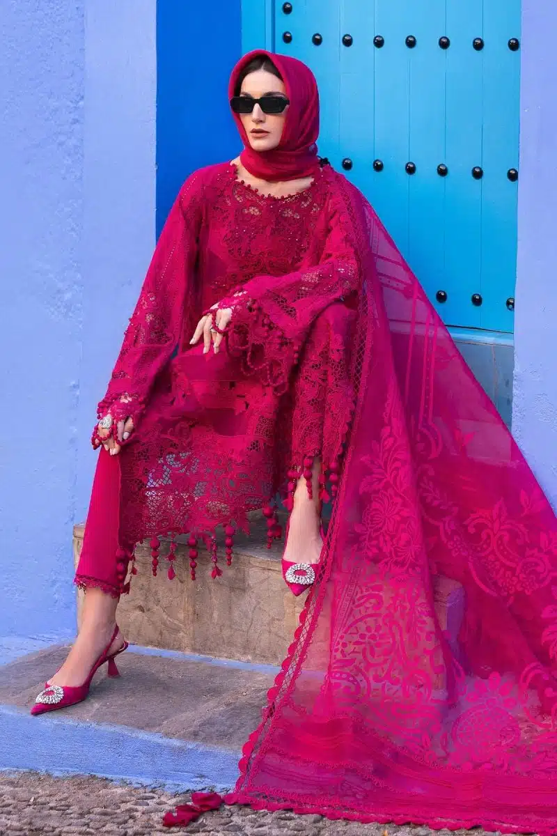 Maria.b | Luxury Lawn | Fuchsia Pink | Unstitched | Embroidered Net Suit | 3 Piece - Image 2