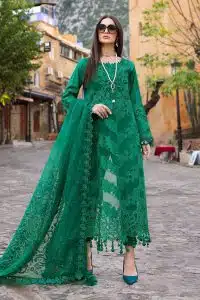 Maria.b | Luxury Lawn | Emerald Green | Unstitched | Embroidered Net Suit | 3 Piece