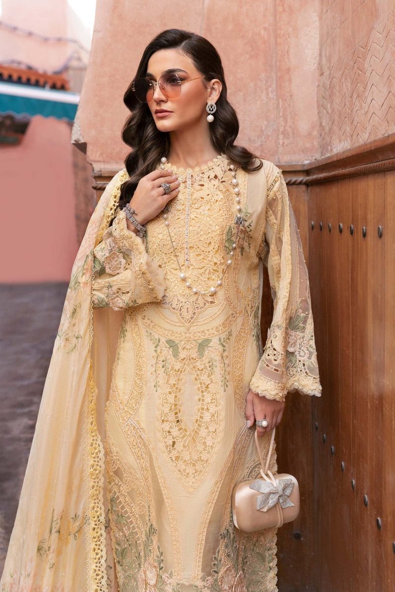Maria.b | Luxury Lawn | Yellow | Unstitched | Embroidered Net Suit | 3 Piece - Image 2