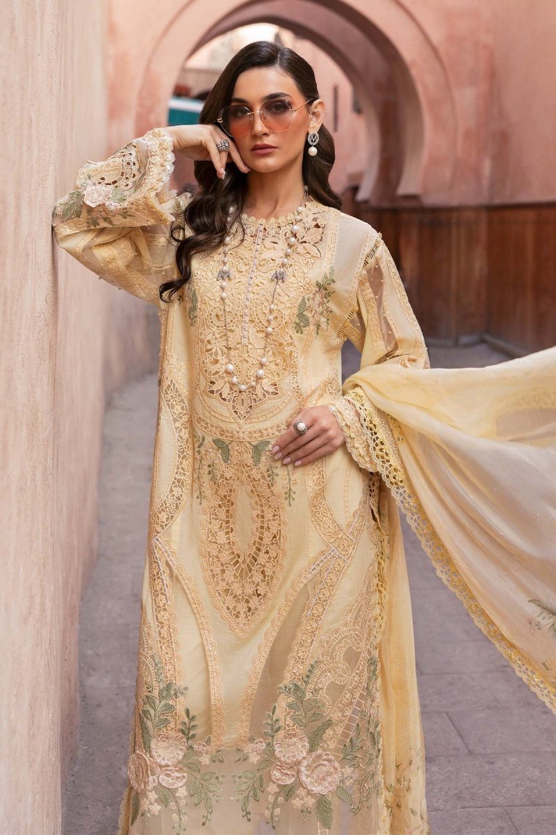 Maria.b | Luxury Lawn | Yellow | Unstitched | Embroidered Net Suit | 3 Piece - Image 3