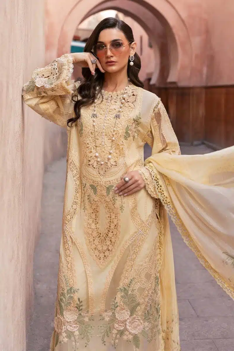 Maria.b | Luxury Lawn | Yellow | Unstitched | Embroidered Net Suit | 3 Piece - Image 3