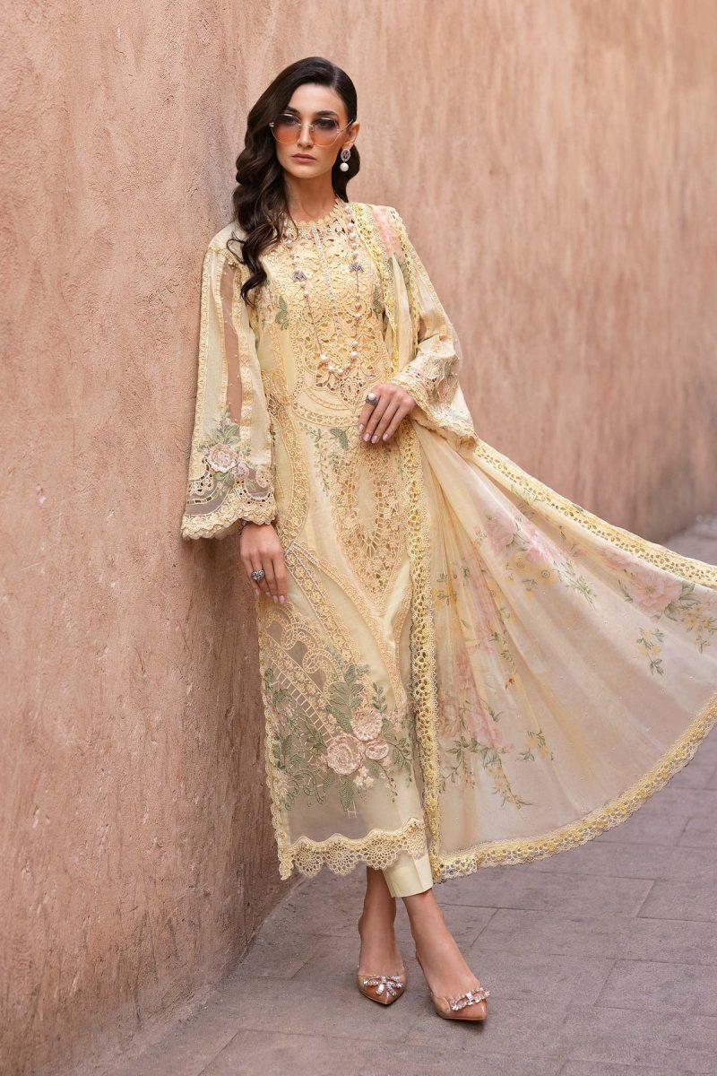 Maria.b | Luxury Lawn | Yellow | Unstitched | Embroidered Net Suit | 3 Piece - Image 4