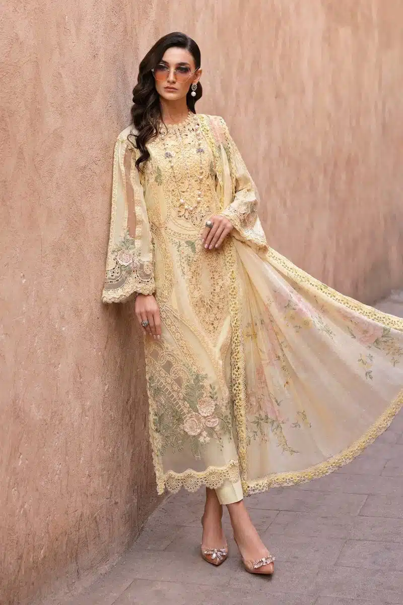 Maria.b | Luxury Lawn | Yellow | Unstitched | Embroidered Net Suit | 3 Piece - Image 4