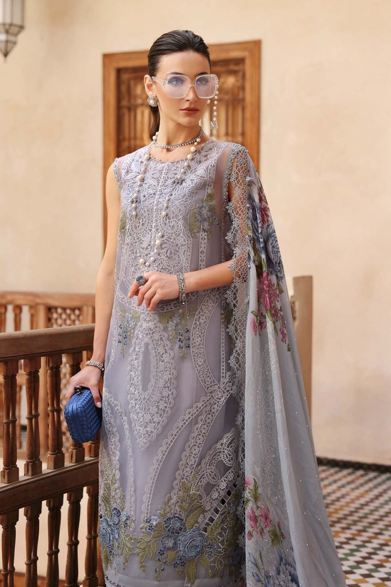 Maria.b | Luxury Lawn | Ice Blue | Unstitched | Embroidered Net Suit | 3 Piece - Image 2