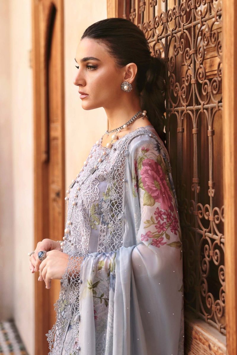 Maria.b | Luxury Lawn | Ice Blue | Unstitched | Embroidered Net Suit | 3 Piece - Image 3