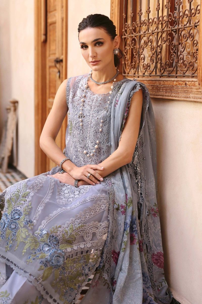 Maria.b | Luxury Lawn | Ice Blue | Unstitched | Embroidered Net Suit | 3 Piece - Image 4