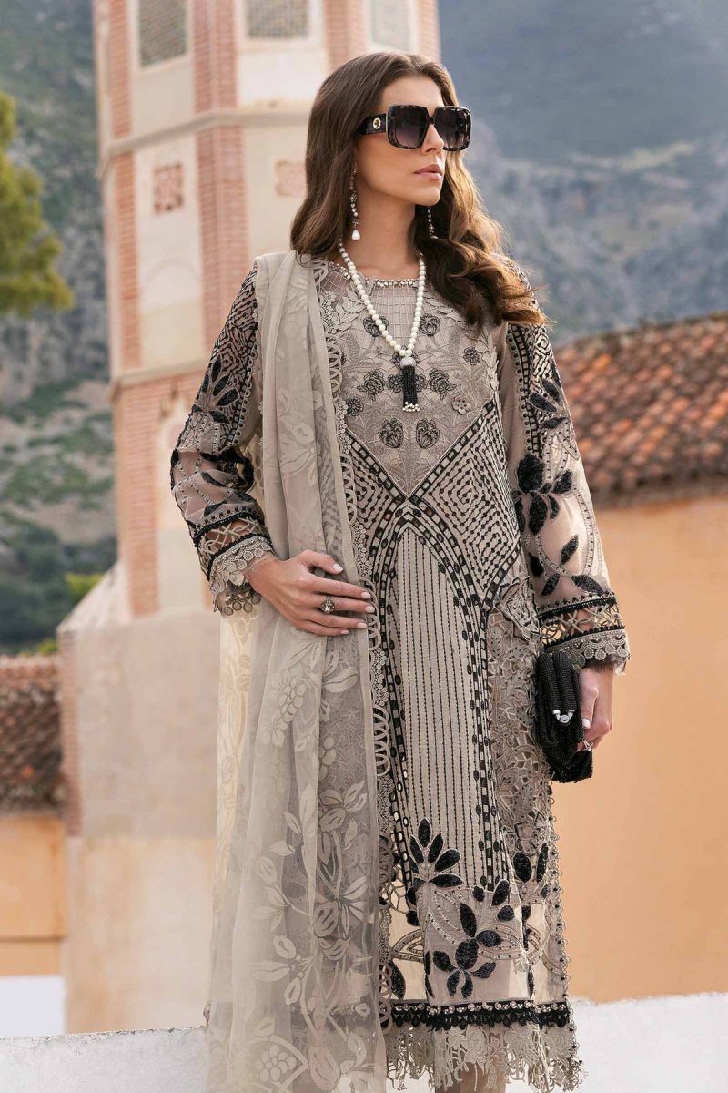 Maria.b | Luxury Lawn | Mouse Grey | Unstitched | Embroidered Net Suit | 3 Piece - Image 3