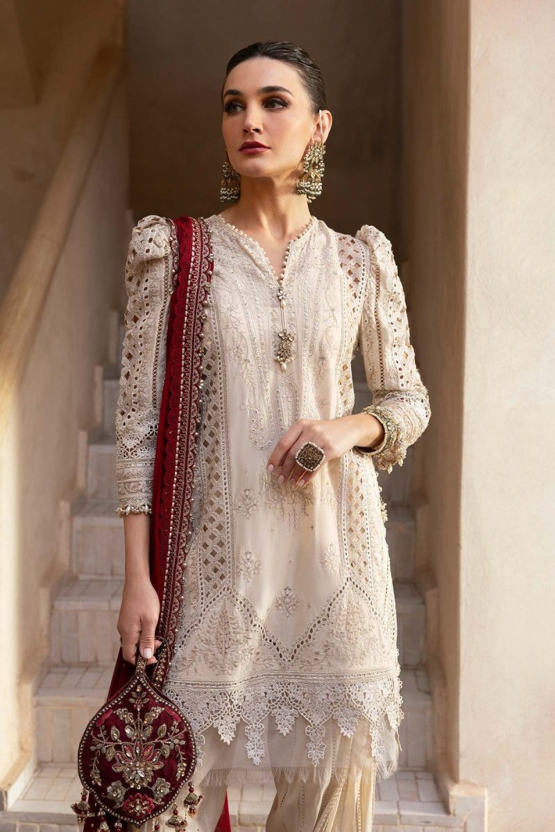 Maria.b | Luxury Lawn | Beige | Unstitched | Embroidered Net Suit | 3 Piece - Image 2