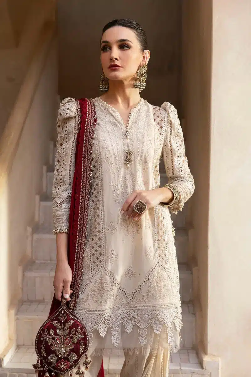Maria.b | Luxury Lawn | Beige | Unstitched | Embroidered Net Suit | 3 Piece - Image 2