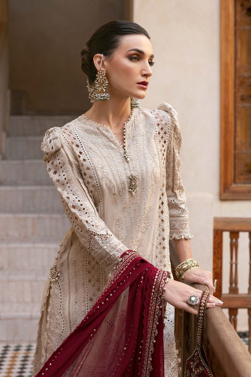 Maria.b | Luxury Lawn | Beige | Unstitched | Embroidered Net Suit | 3 Piece - Image 3