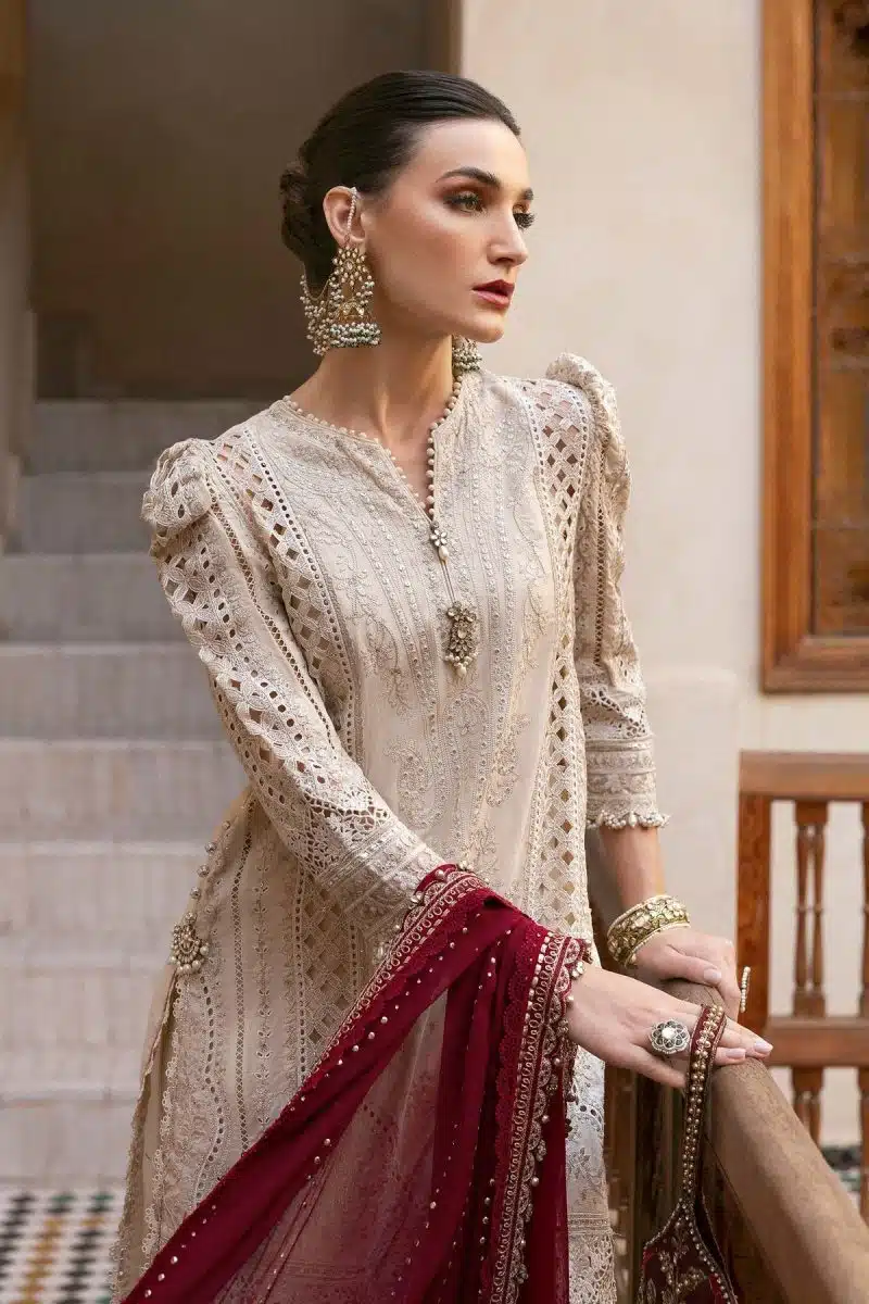 Maria.b | Luxury Lawn | Beige | Unstitched | Embroidered Net Suit | 3 Piece - Image 3