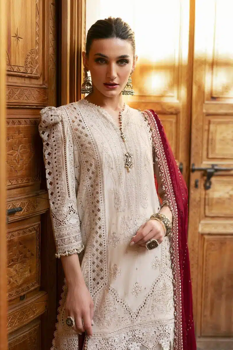 Maria.b | Luxury Lawn | Beige | Unstitched | Embroidered Net Suit | 3 Piece - Image 4