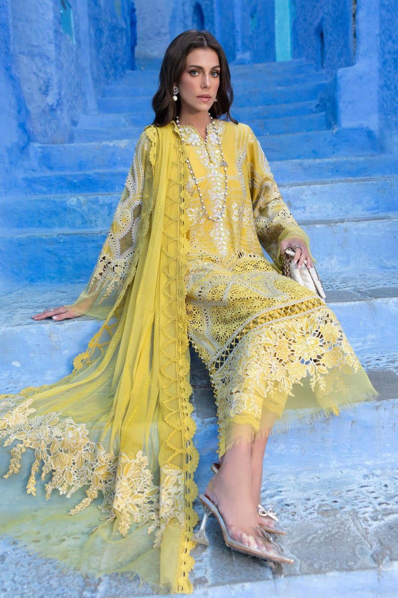 Maria.b | Luxury Lawn | Lime Yellow | Unstitched | Embroidered Net Suit | 3 Piece - Image 2