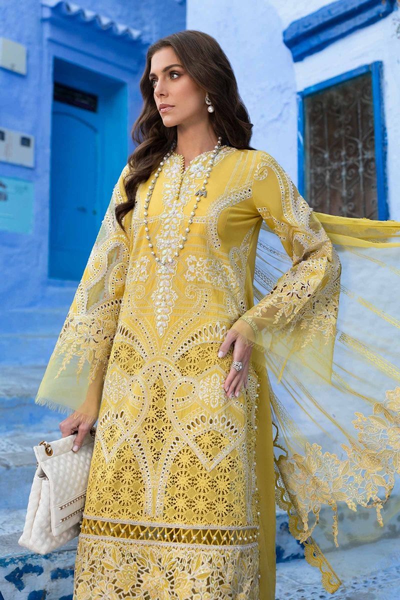 Maria.b | Luxury Lawn | Lime Yellow | Unstitched | Embroidered Net Suit | 3 Piece - Image 3