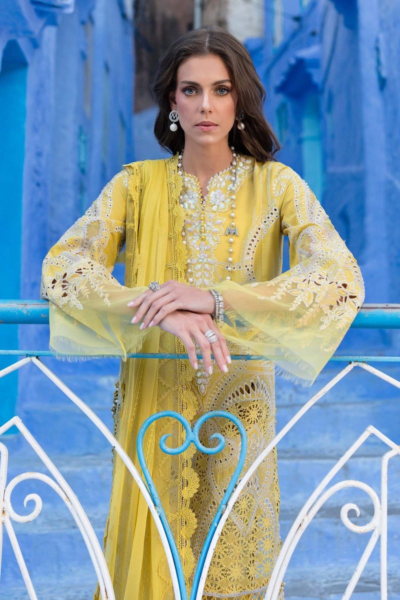 Maria.b | Luxury Lawn | Lime Yellow | Unstitched | Embroidered Net Suit | 3 Piece - Image 4