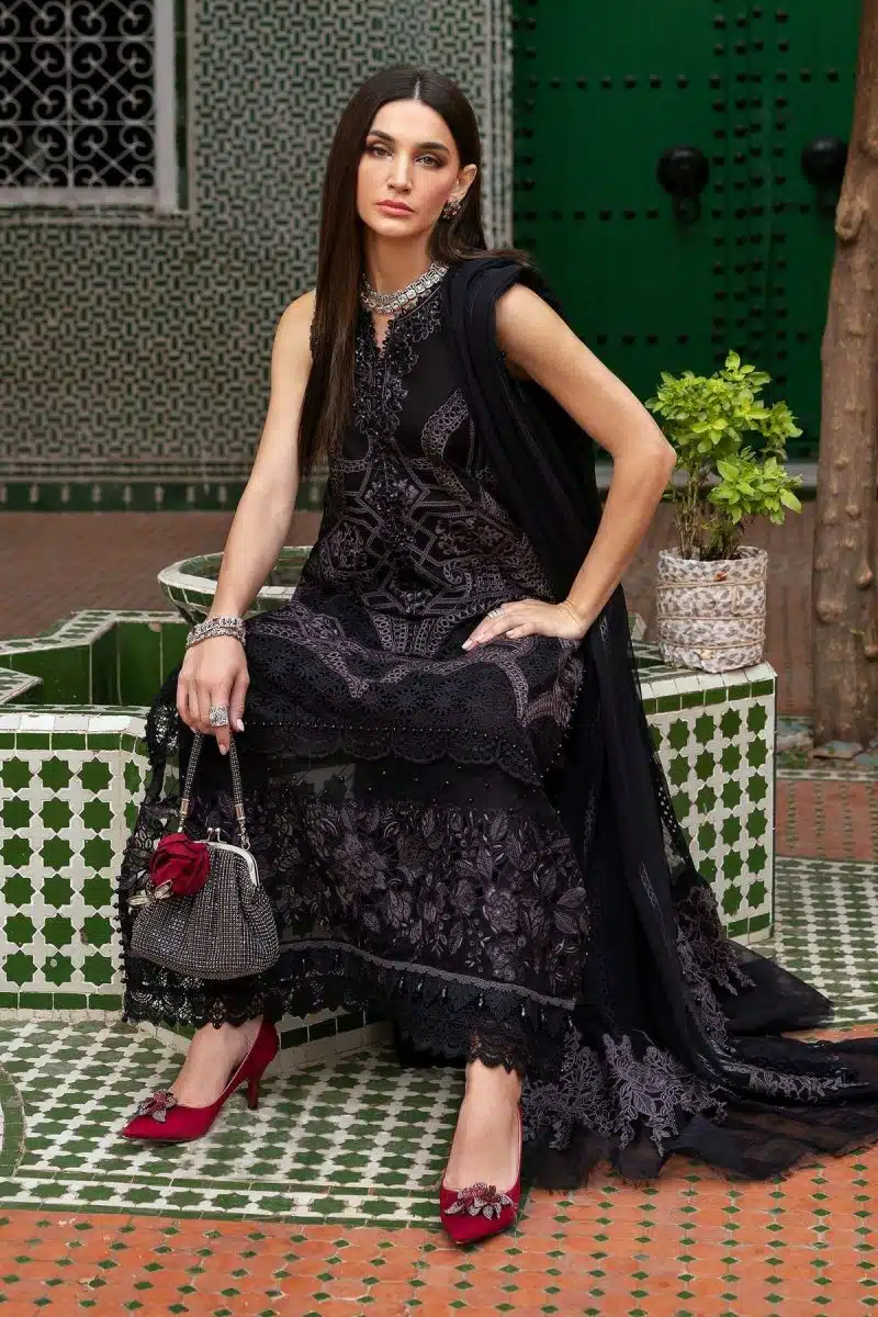 Maria.b | Luxury Lawn | Black | Unstitched | Embroidered Net Suit | 3 Piece - Image 3