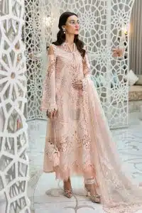 Maria.b | Luxury Lawn | Peach | Unstitched | Embroidered Net Suit | 3 Piece