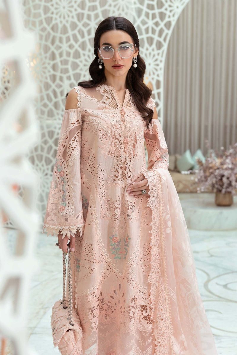 Maria.b | Luxury Lawn | Peach | Unstitched | Embroidered Net Suit | 3 Piece - Image 2