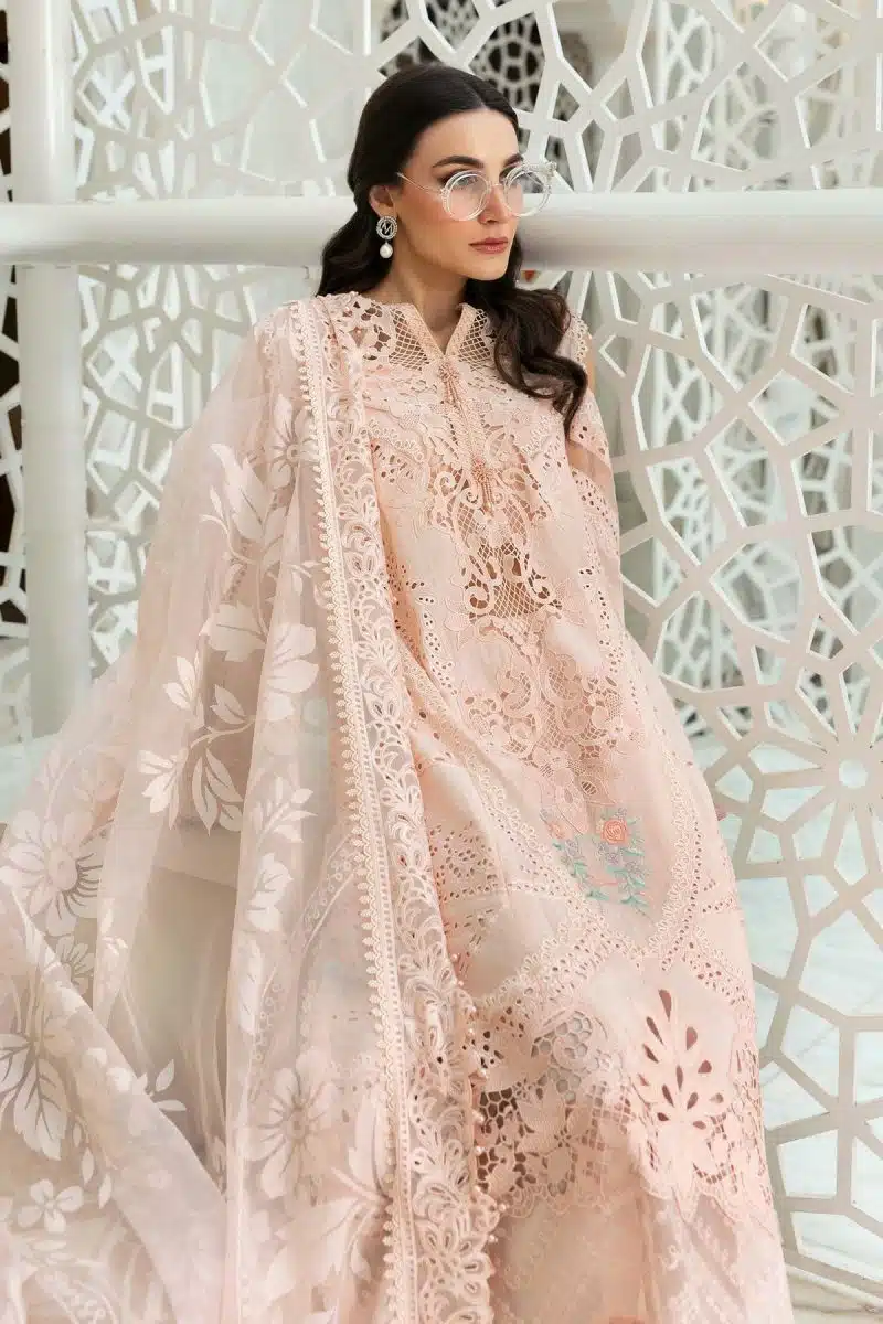 Maria.b | Luxury Lawn | Peach | Unstitched | Embroidered Net Suit | 3 Piece - Image 3