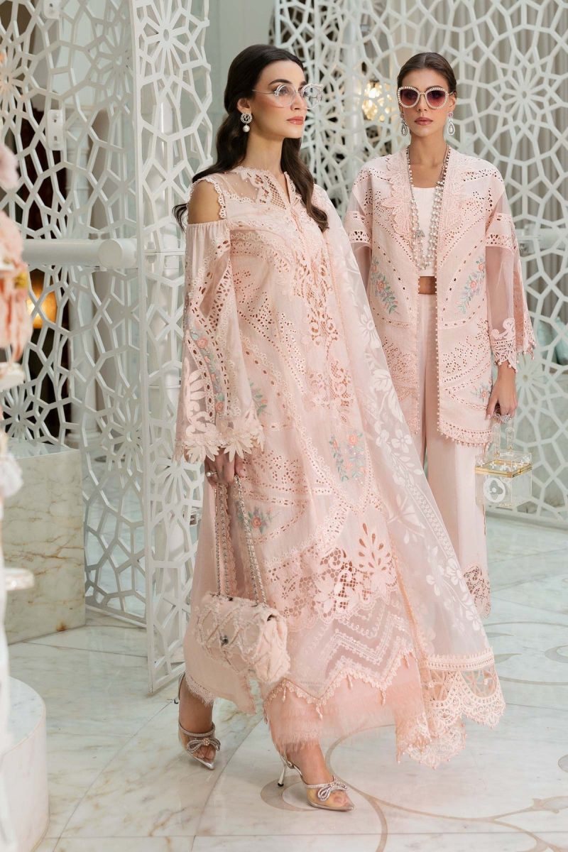 Maria.b | Luxury Lawn | Peach | Unstitched | Embroidered Net Suit | 3 Piece - Image 4