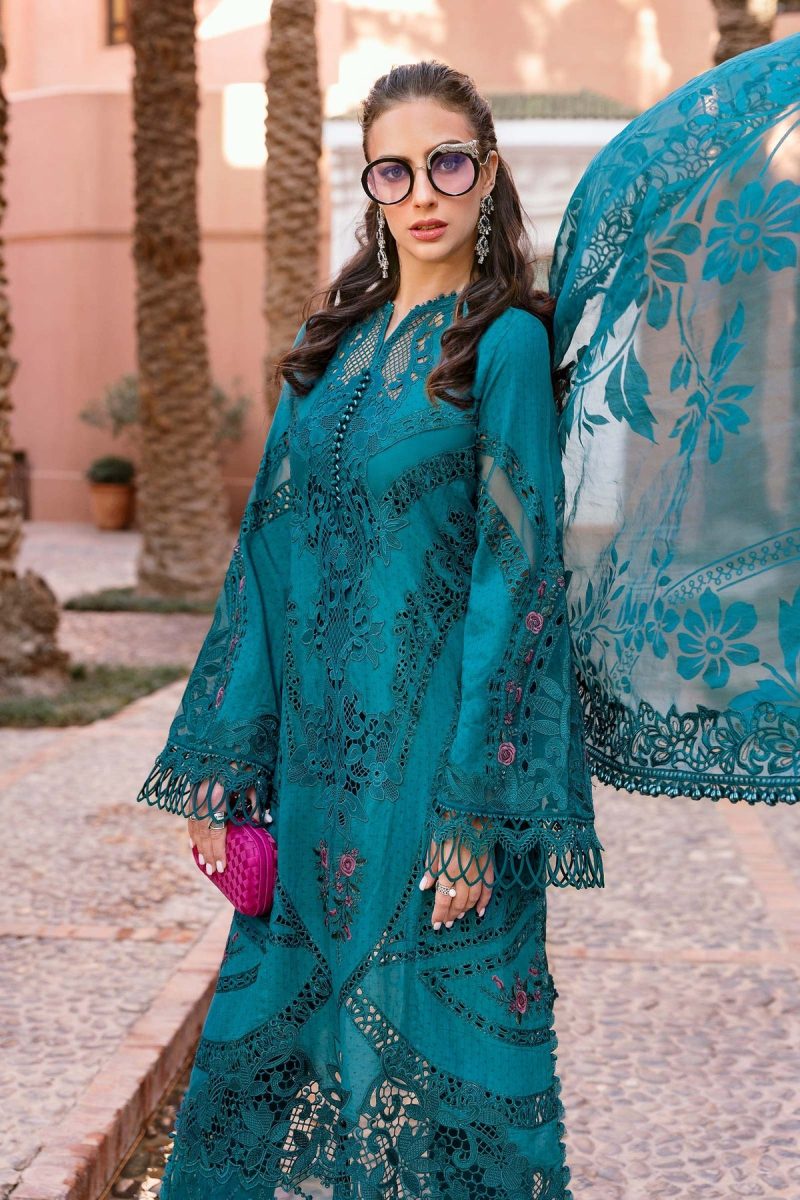 Maria.b | Luxury Lawn | Teal | Unstitched | Embroidered Net Suit | 3 Piece - Image 2