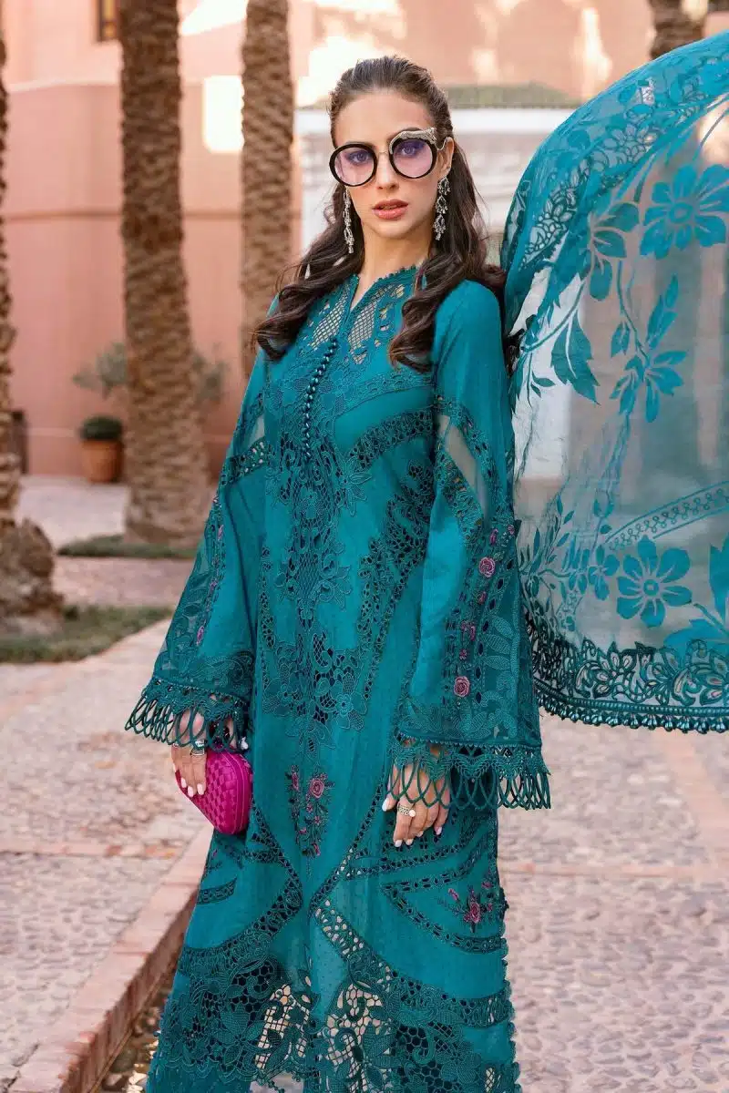 Maria.b | Luxury Lawn | Teal | Unstitched | Embroidered Net Suit | 3 Piece - Image 2