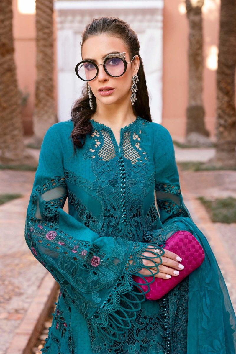 Maria.b | Luxury Lawn | Teal | Unstitched | Embroidered Net Suit | 3 Piece - Image 3