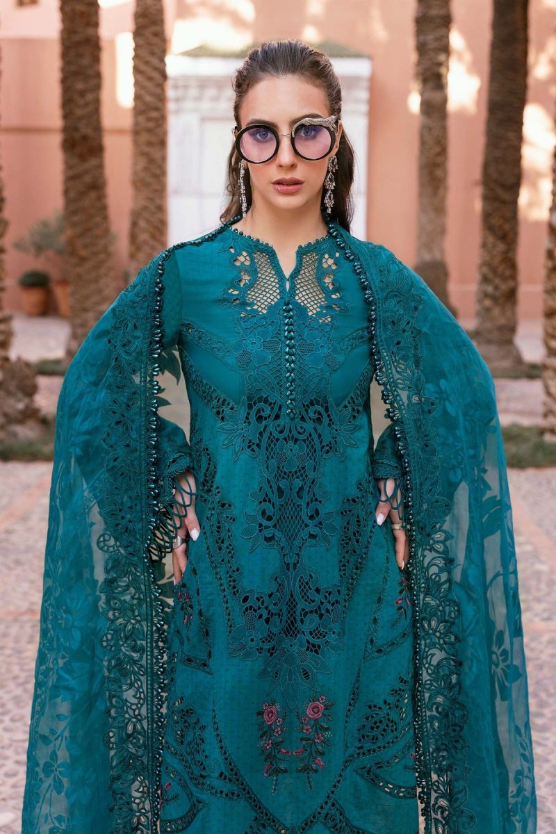 Maria.b | Luxury Lawn | Teal | Unstitched | Embroidered Net Suit | 3 Piece - Image 4