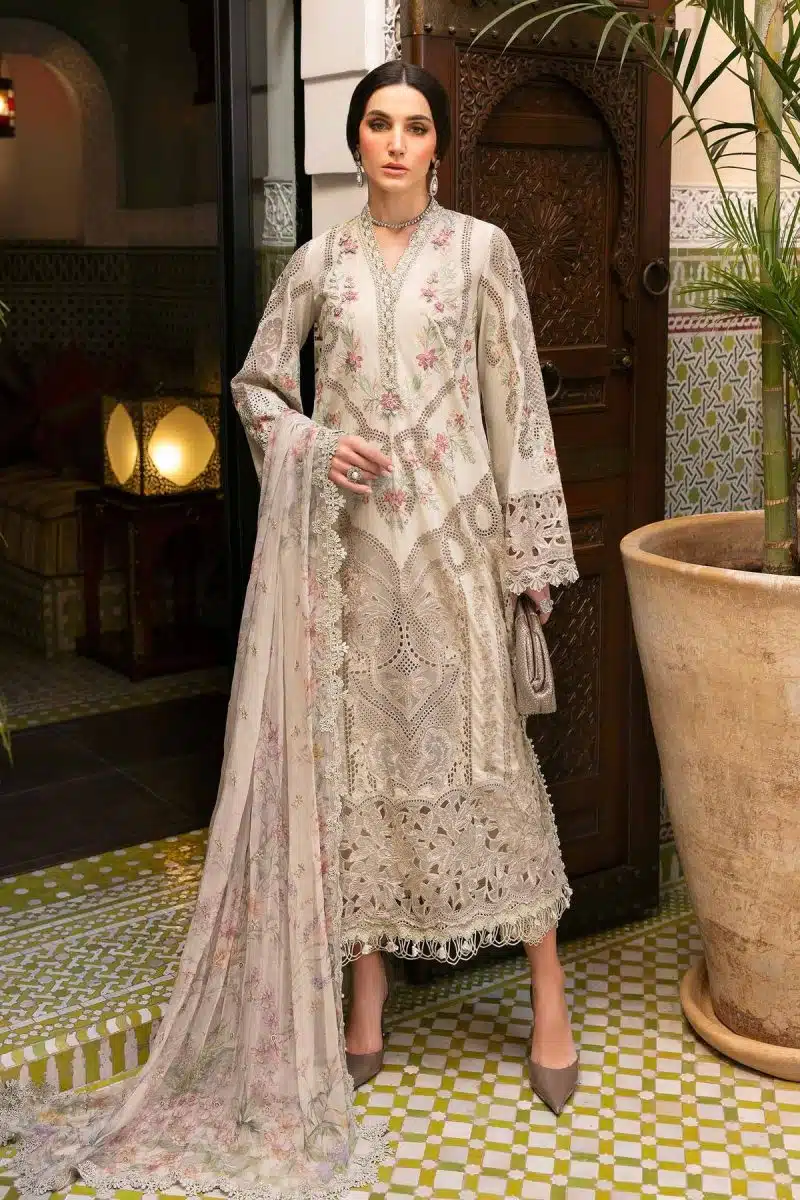 Maria.b | Luxury Lawn | Beige | Unstitched | Embroidered Net Suit | 3 Piece