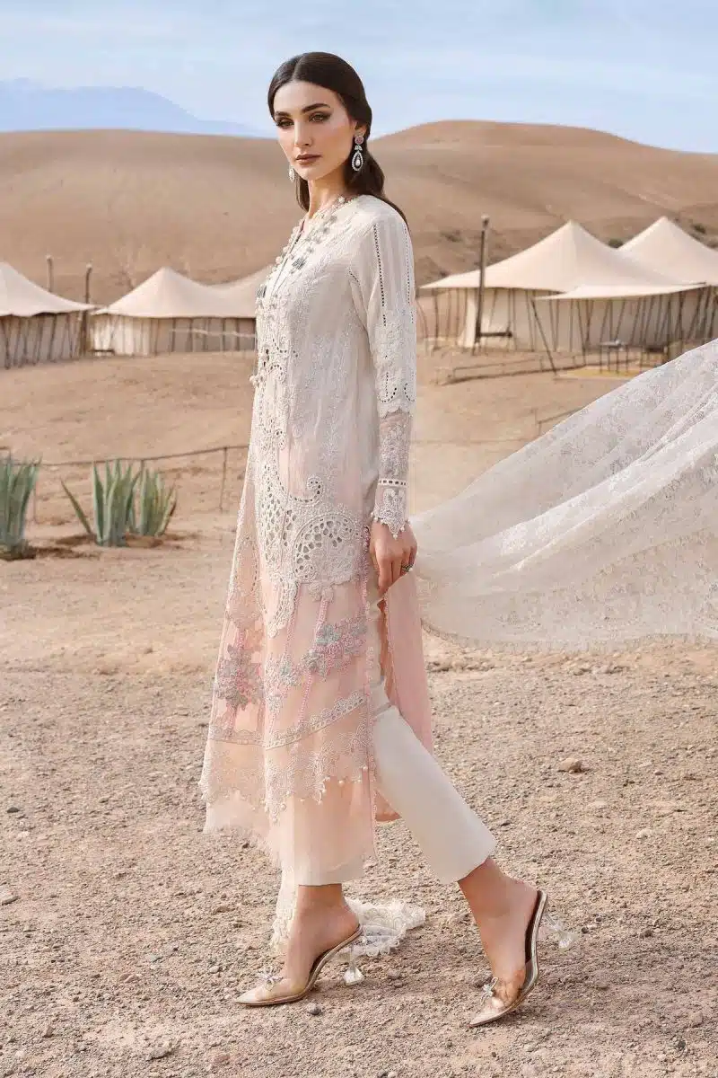 Maria.b | Luxury Lawn | White Pink | Unstitched | Embroidered Net Suit | 3 Piece - Image 2