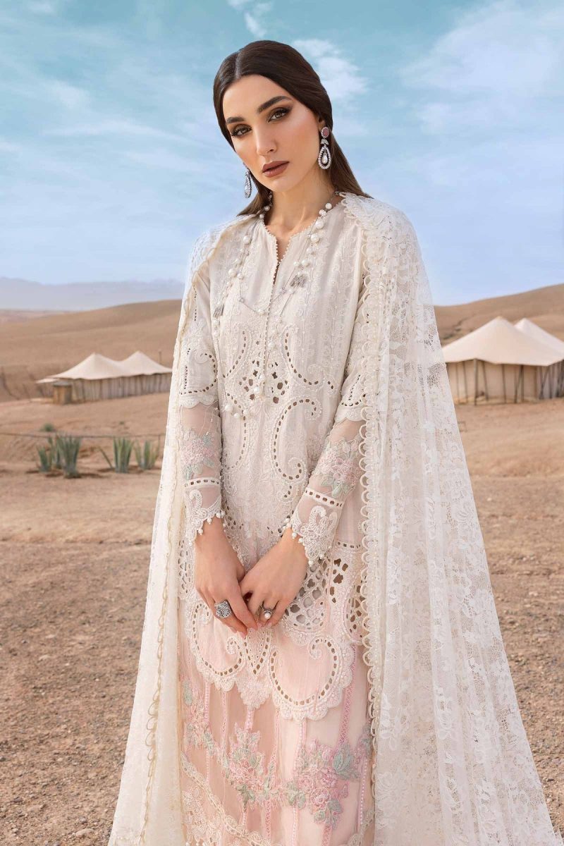 Maria.b | Luxury Lawn | White Pink | Unstitched | Embroidered Net Suit | 3 Piece - Image 3