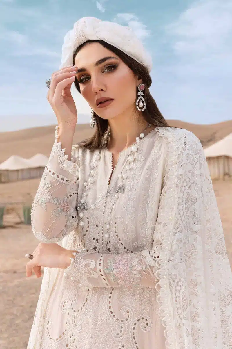 Maria.b | Luxury Lawn | White Pink | Unstitched | Embroidered Net Suit | 3 Piece - Image 4