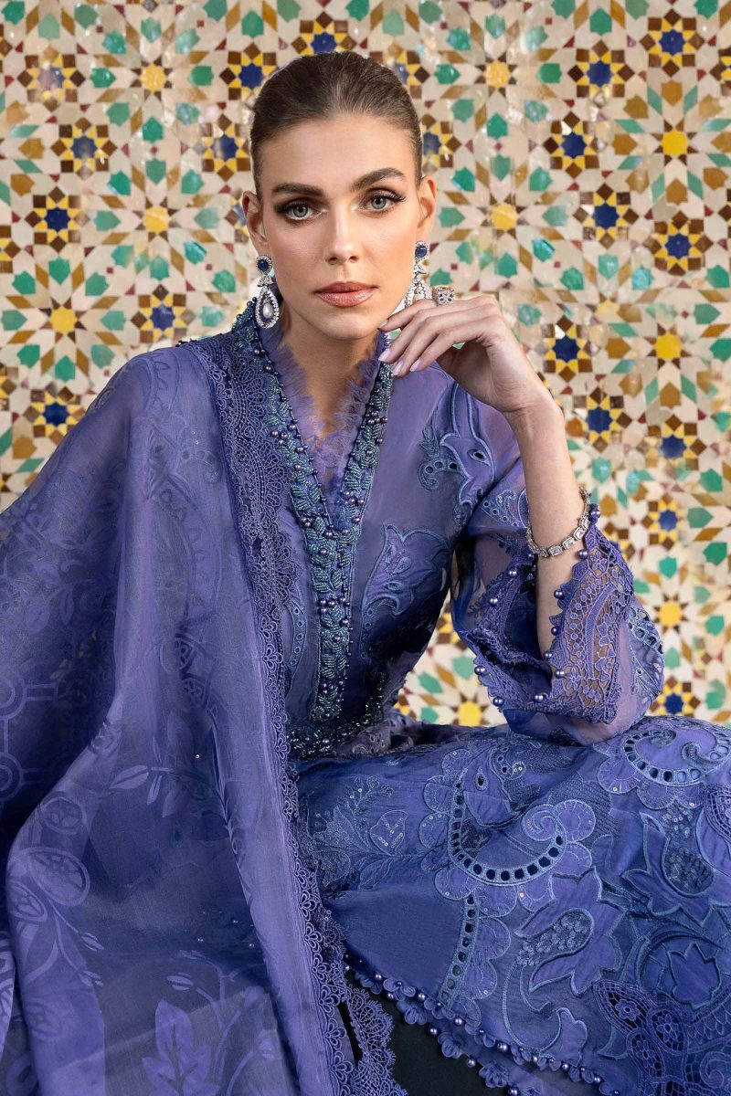Maria.b | Luxury Lawn | Violet | Unstitched | Embroidered Net Suit | 3 Piece - Image 3