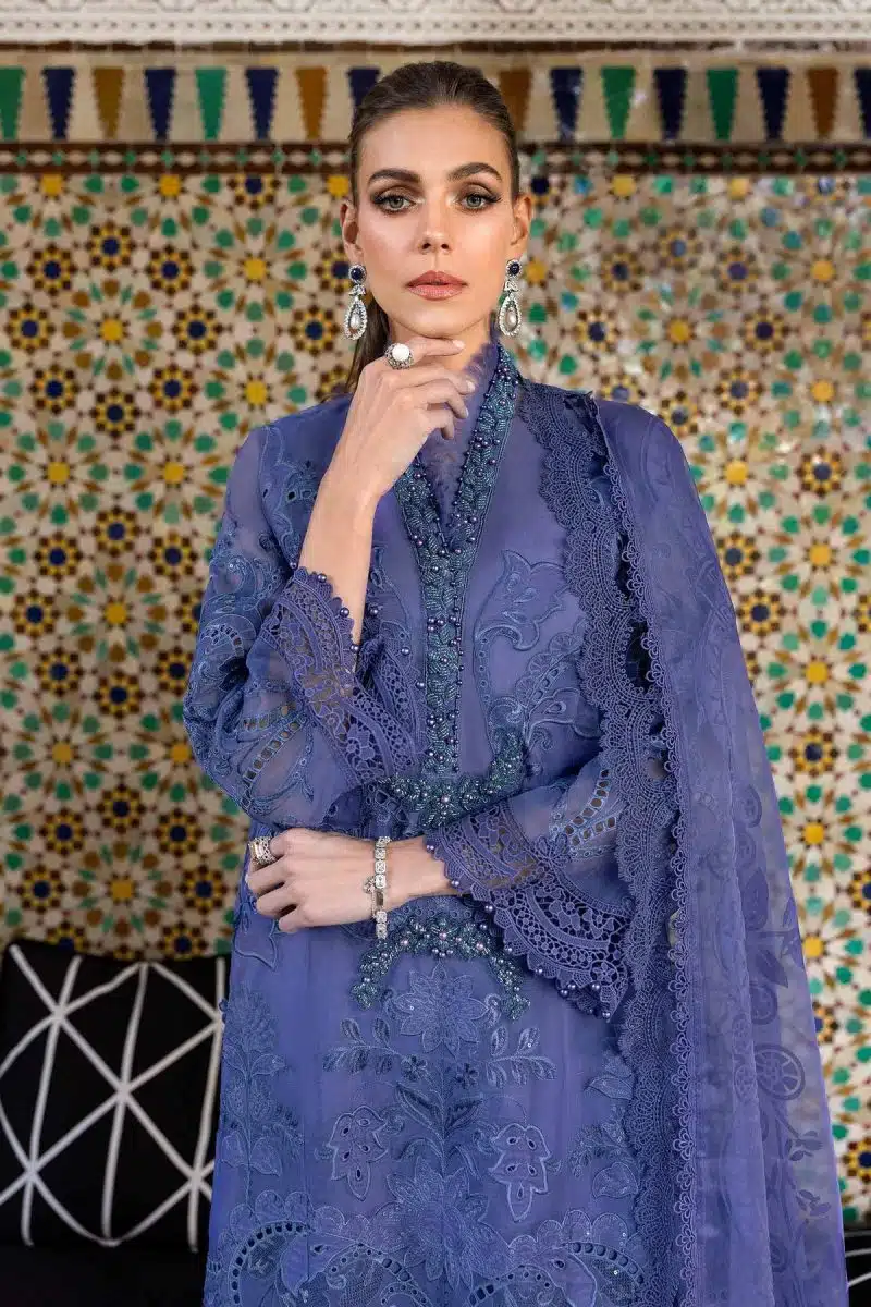 Maria.b | Luxury Lawn | Violet | Unstitched | Embroidered Net Suit | 3 Piece - Image 4