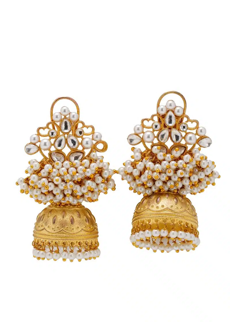 Gold Jhumka with Silver Kundan | Half Lulu | White Lulu Tassels | Indian Traditional Style