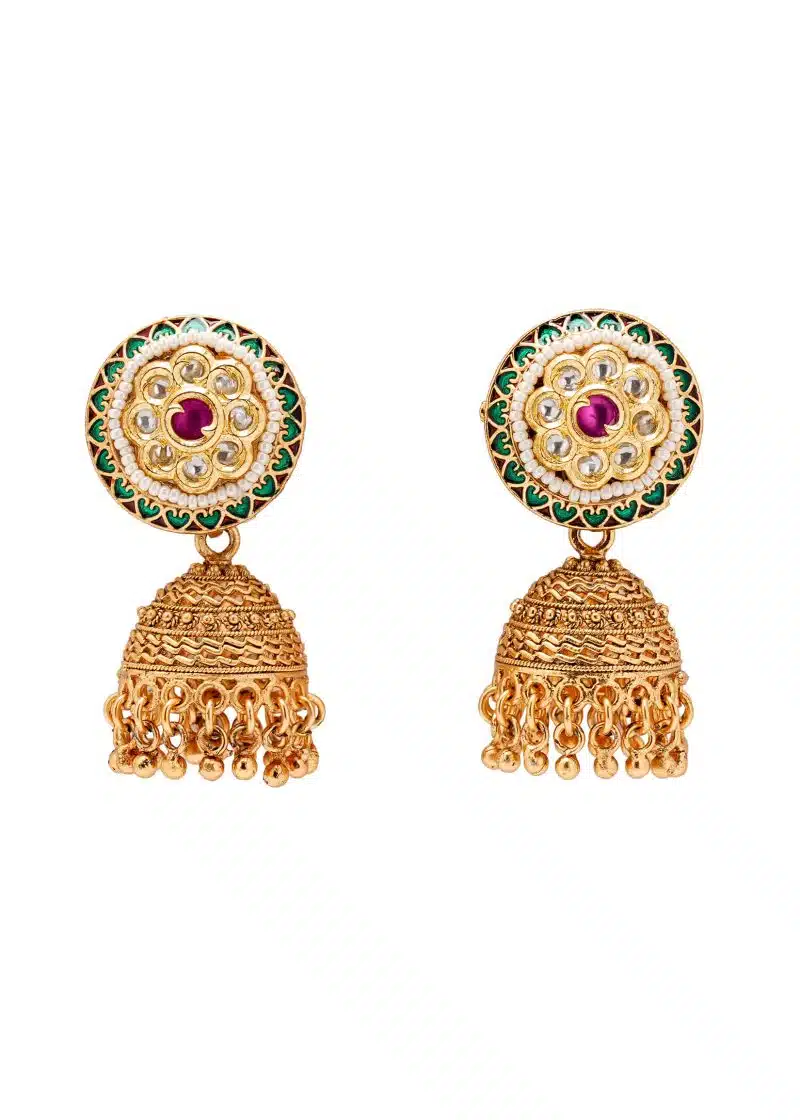 Gold Metal Jhumka | Pink Ruby, Silver Kundan, Pearl & Meenakari Red-Green Accent