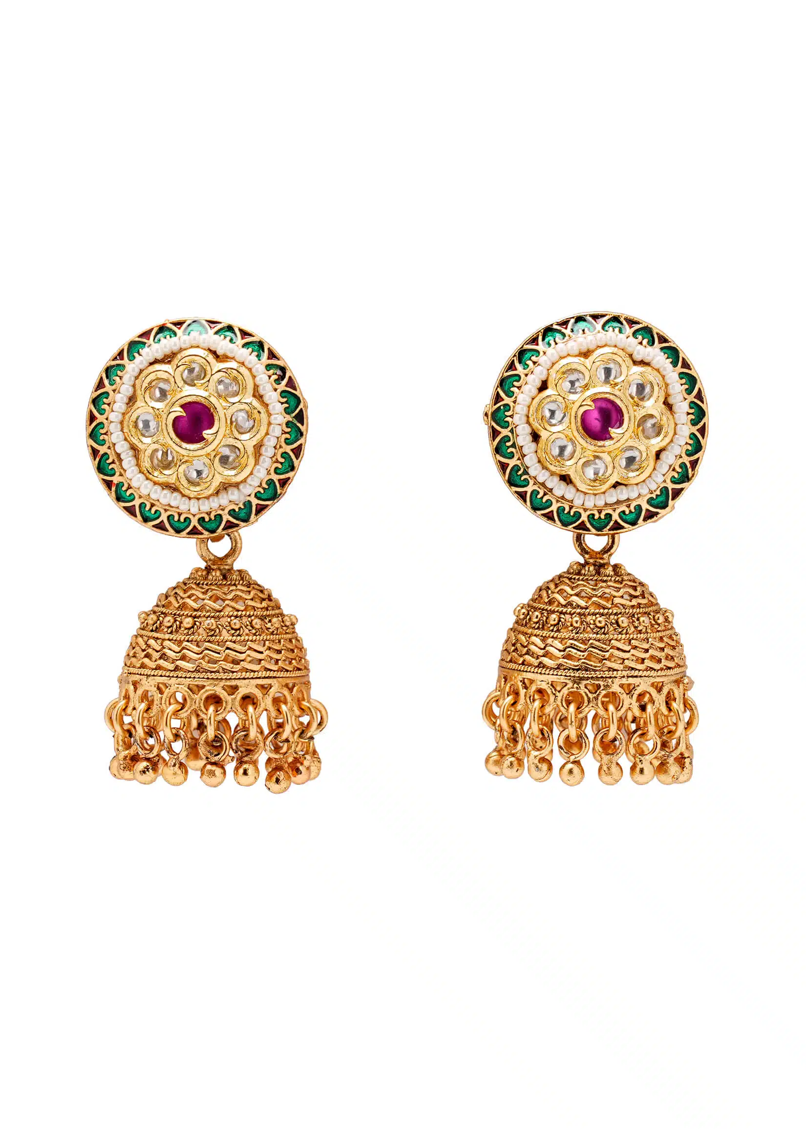 Gold Metal Jhumka | Pink Ruby, Silver Kundan, Pearl & Meenakari Red-Green Accent