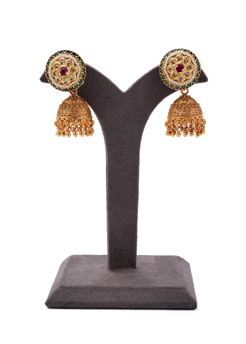 Gold Metal Jhumka | Pink Ruby, Silver Kundan, Pearl & Meenakari Red-Green Accent - Image 2