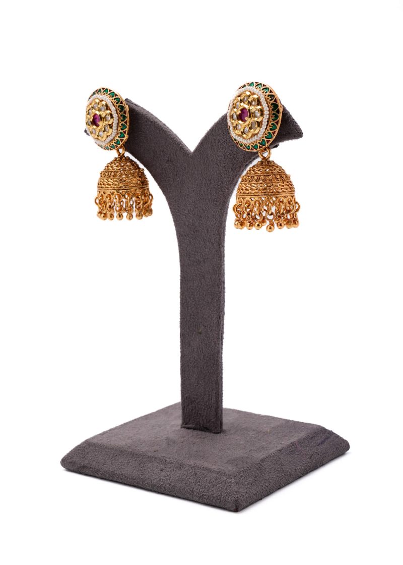 Gold Metal Jhumka | Pink Ruby, Silver Kundan, Pearl & Meenakari Red-Green Accent - Image 3