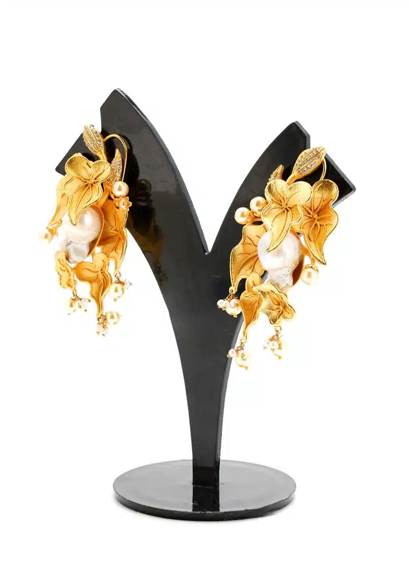 Big Lulu Flower Earrings | Gold Metal Silver Diamond with Off White & Yellow Tassel - Image 2