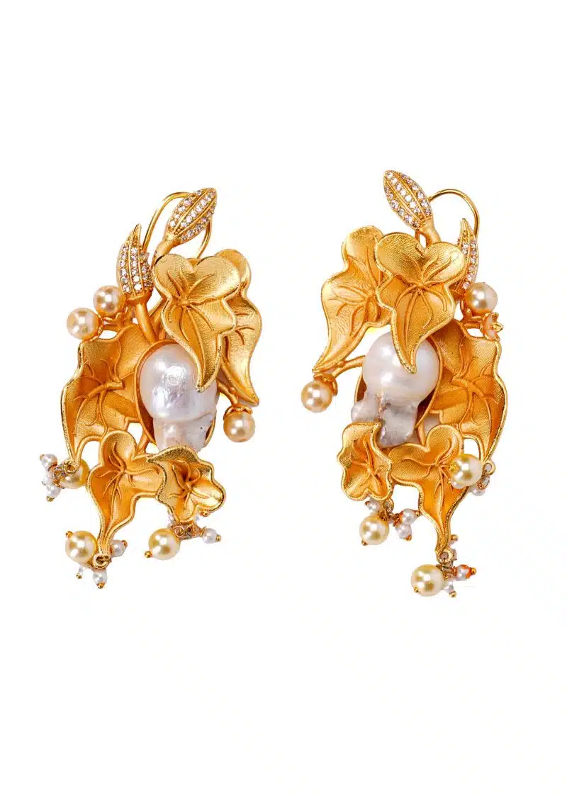 Big Lulu Flower Earrings | Gold Metal Silver Diamond with Off White & Yellow Tassel - Image 3