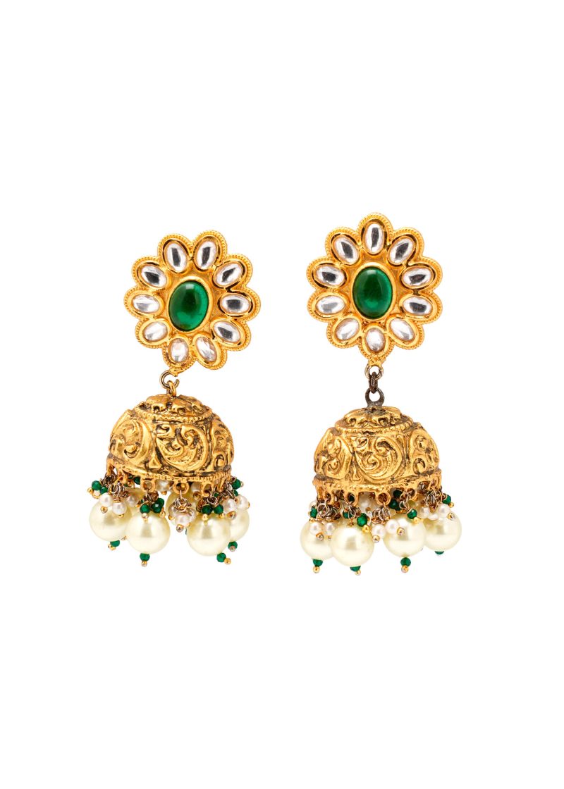 Green Earring | Gold Metal Uncut Diamond with Emerald Print and Enamel Accents