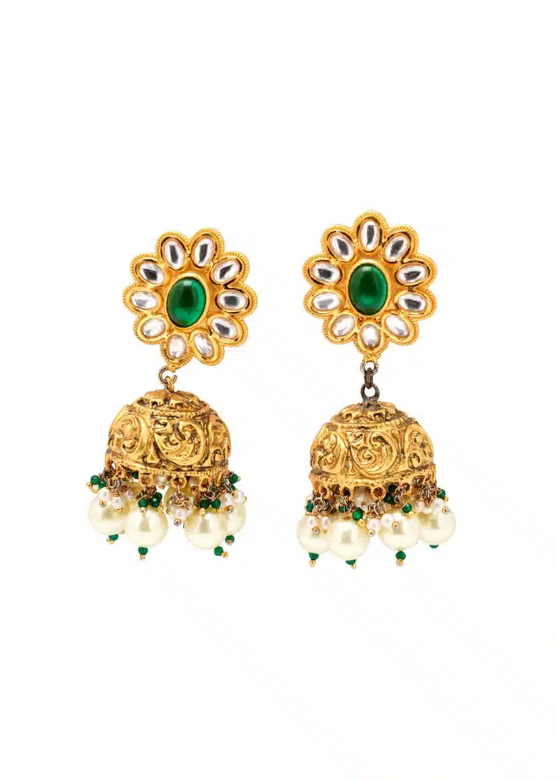 Green Earring | Gold Metal Uncut Diamond with Emerald Print and Enamel Accents
