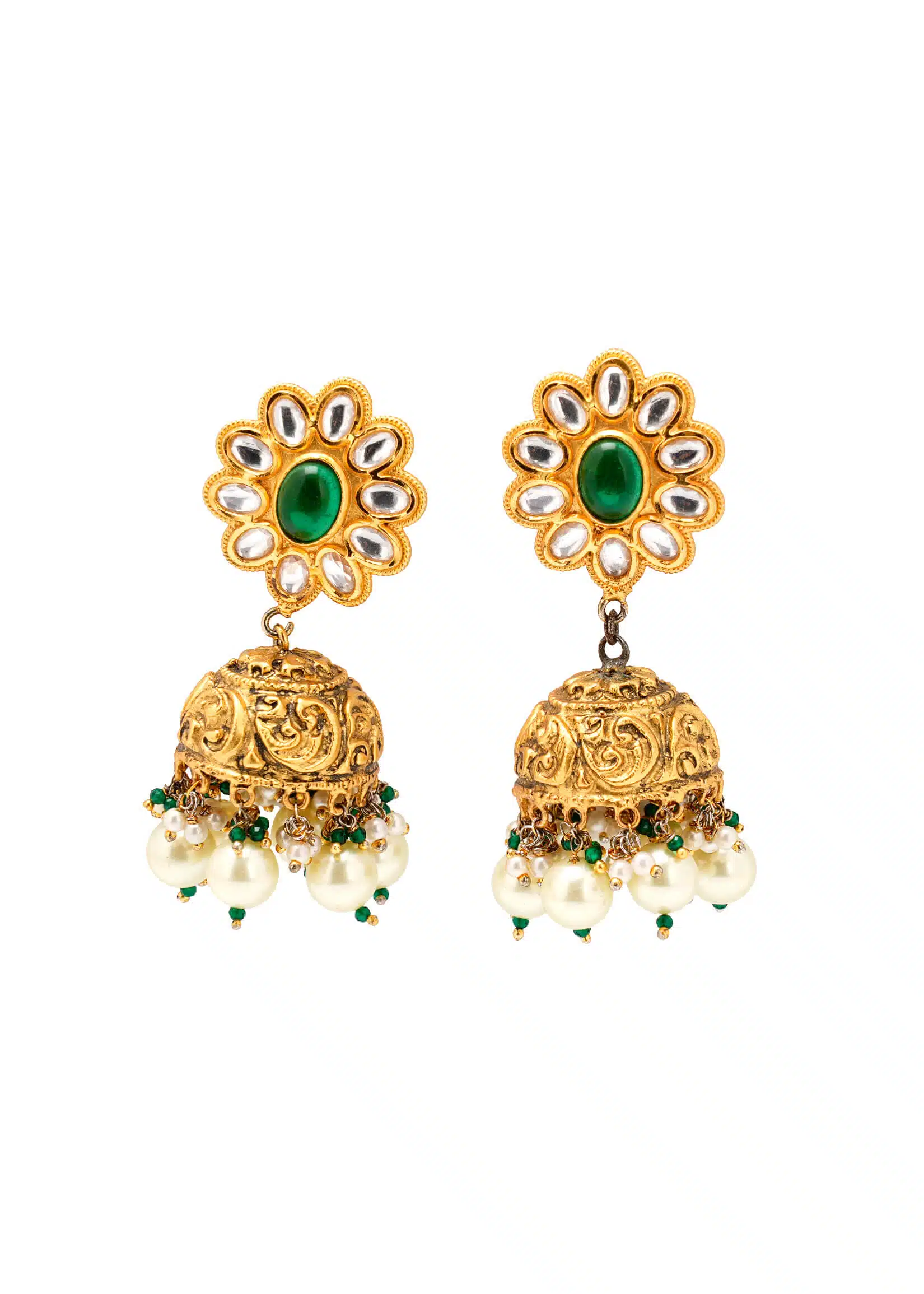 Green Earring | Gold Metal Uncut Diamond with Emerald Print and Enamel Accents